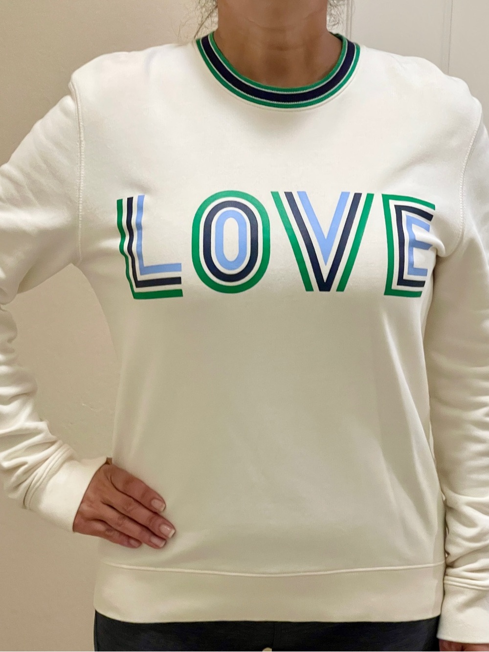 Tory Sport Cream Crewneck Sweatshirt with Green & Blue 'LOVE' Graphic
